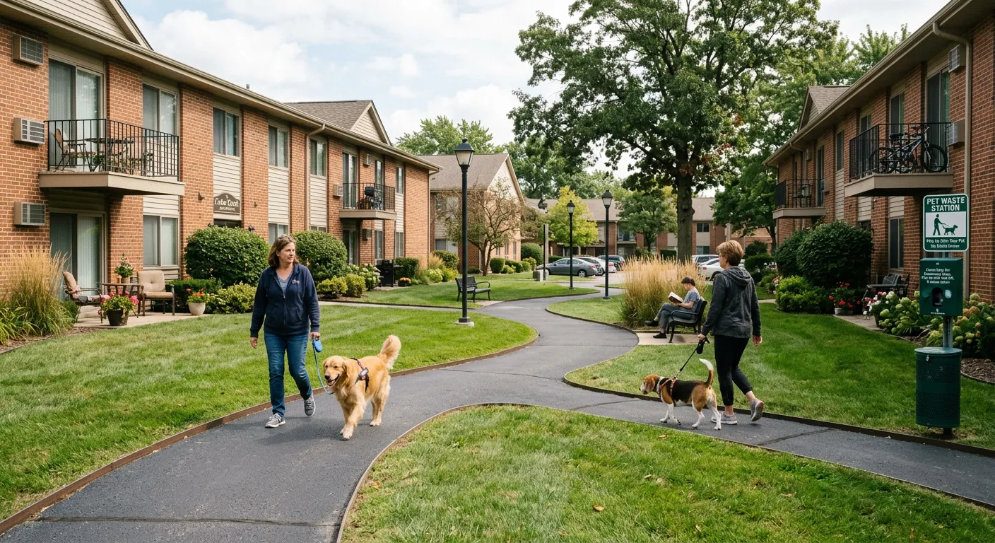 Residents walking dogs through a clean shared outdoor space in an apartment community