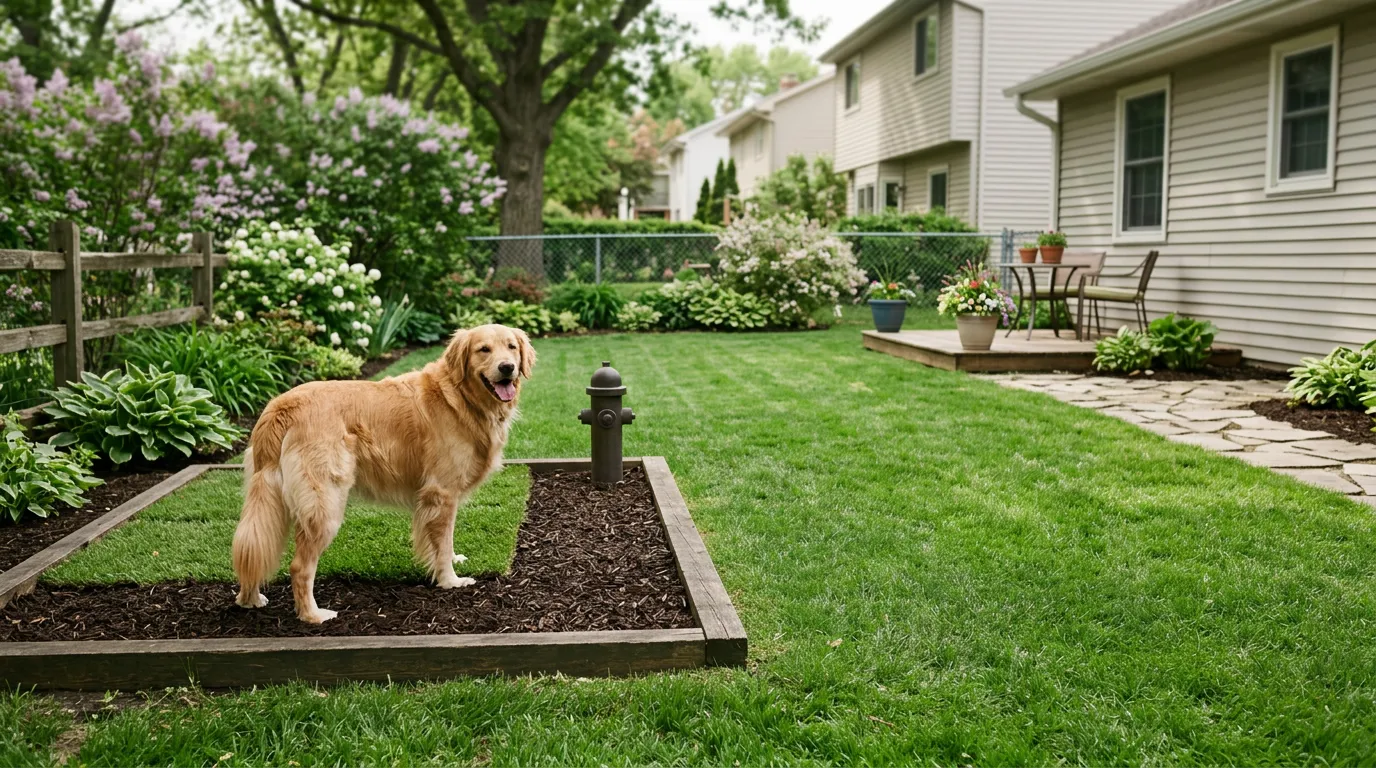 Dog standing in a designated potty area in a clean backyard