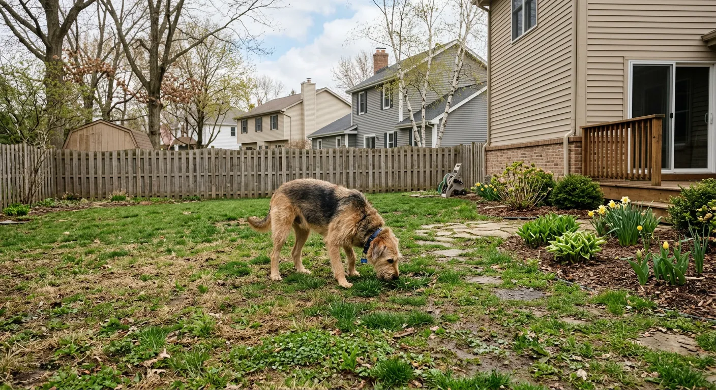 A typical backyard lawn with dog in Wisconsin early spring