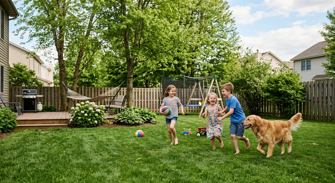 Children and a family dog playing in a clean backyard lawn on a sunny day