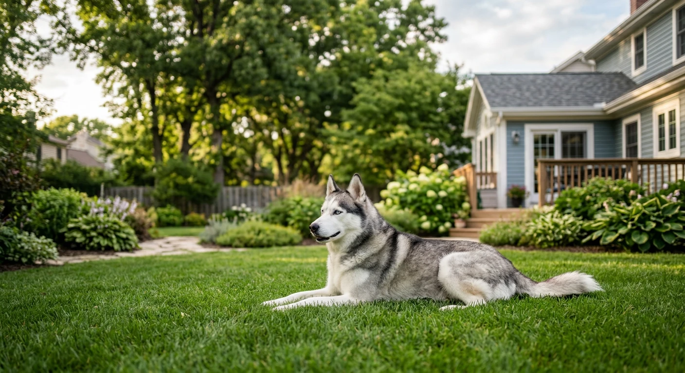 Siberian Husky relaxing on a green lawn in a well-maintained Wisconsin backyard on a sunny day.
