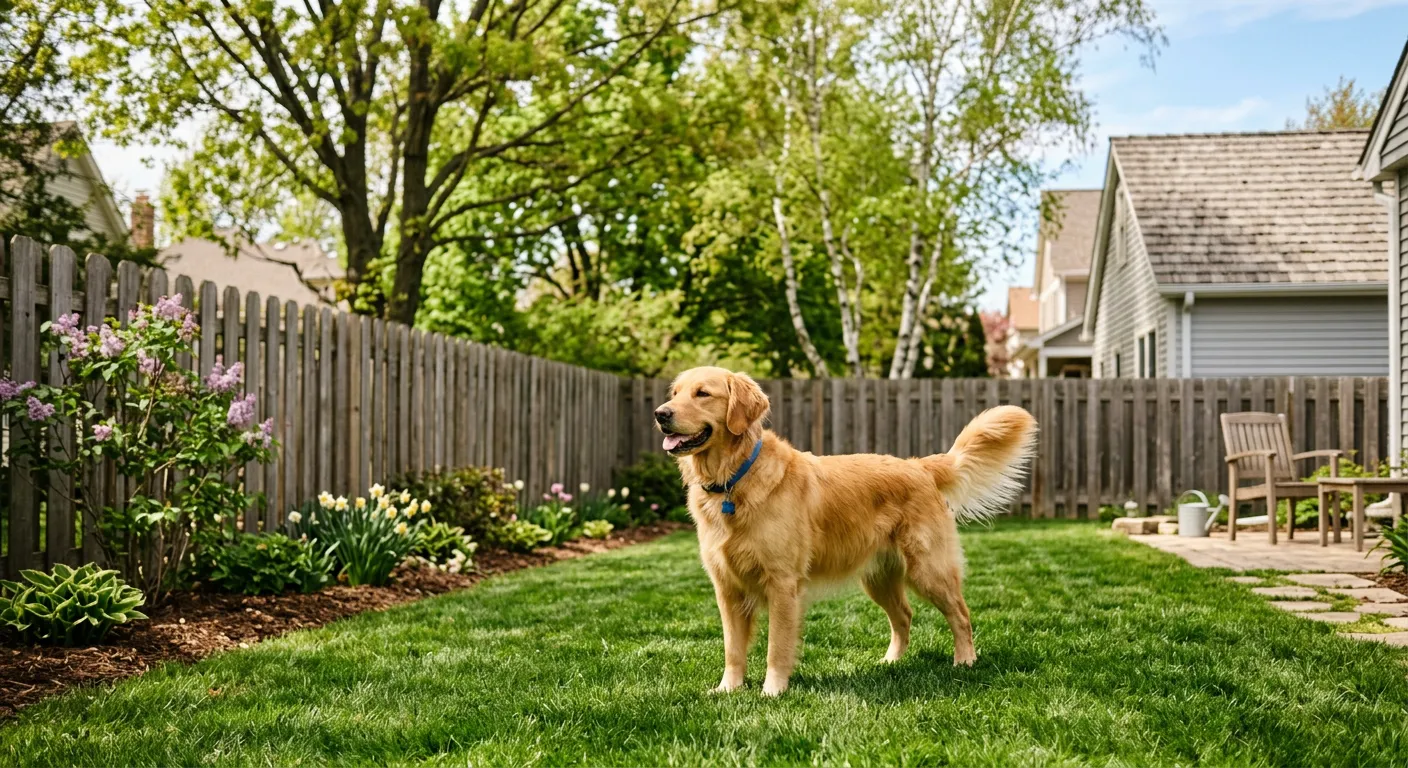Dog enjoying a clean backyard on a sunny spring day