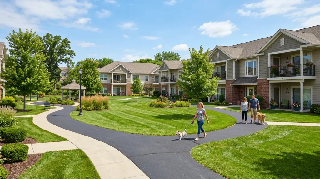 Pet-friendly apartment community with well-maintained grassy areas and residents walking their dogs