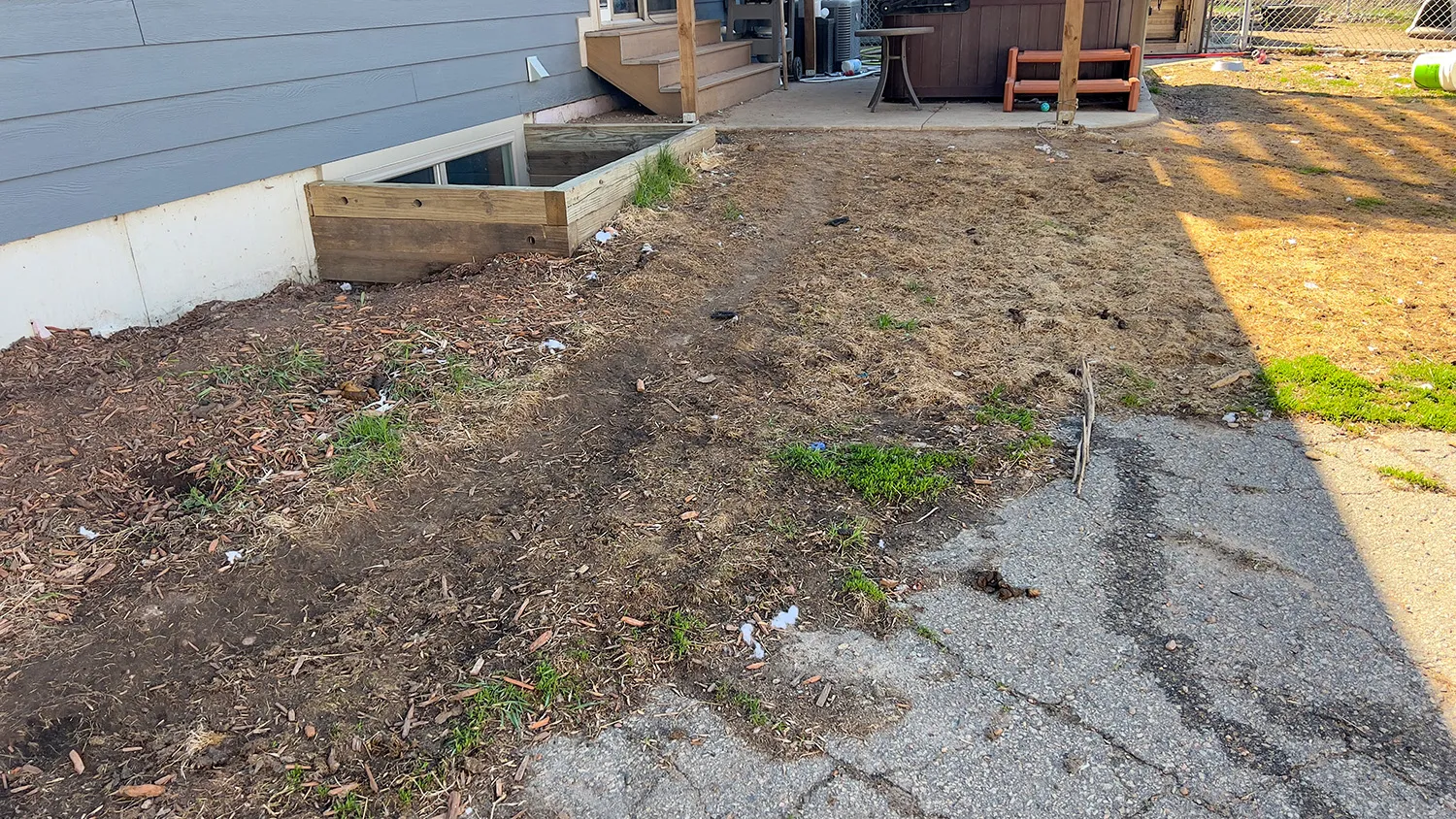Before dog waste cleanup in a residential backyard with pet waste visible in the grass
