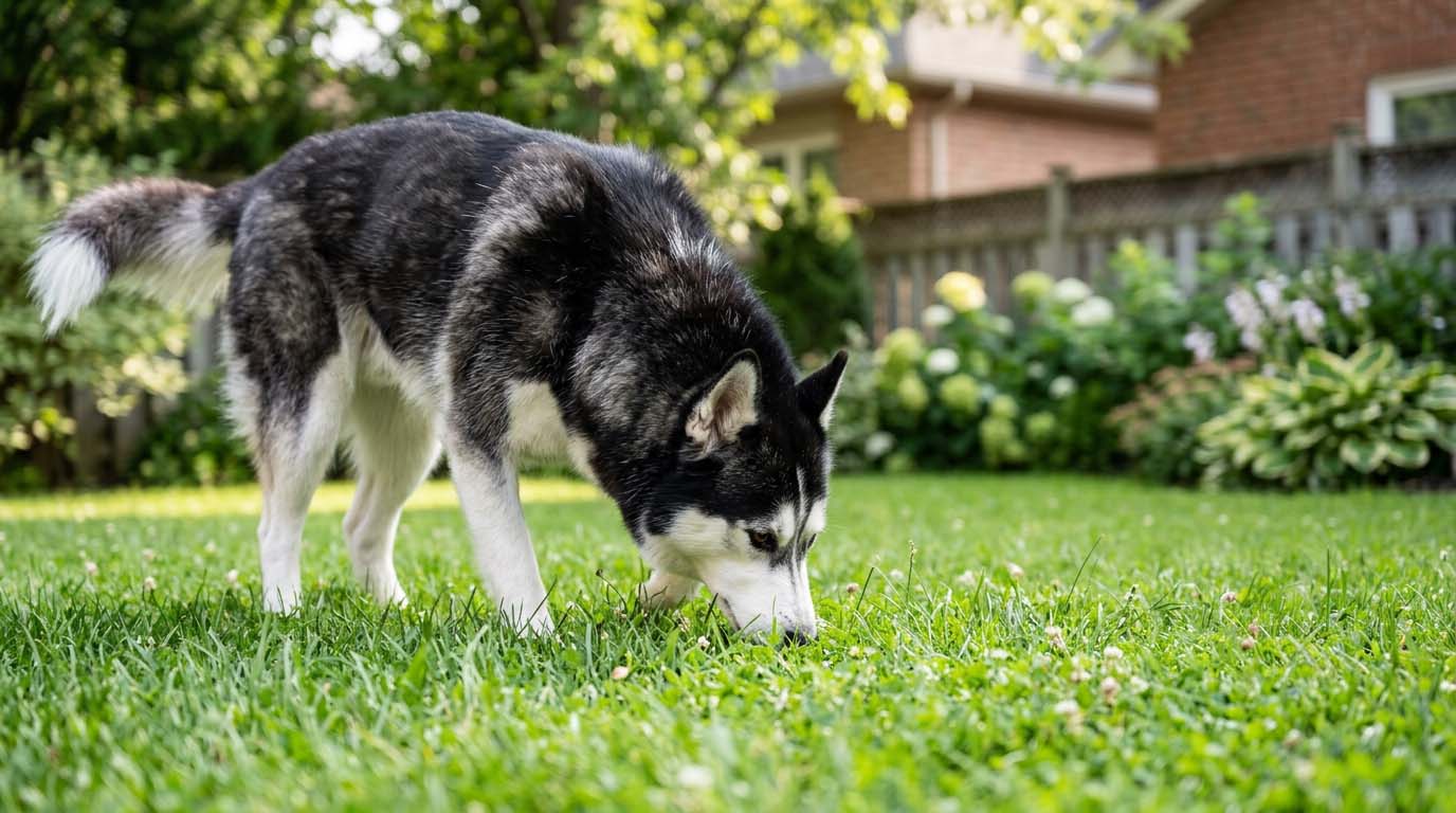 Siberian Husky sniffing the grass in a backyard while investigating a scent