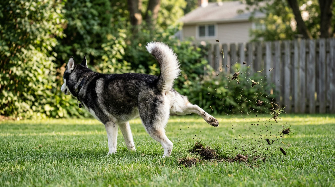 Siberian Husky kicking grass and dirt in a backyard after going to the bathroom