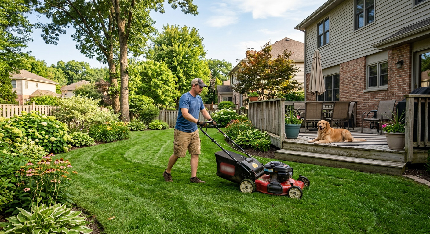Homeowner mowing a residential lawn while a dog rests on a backyard patio.